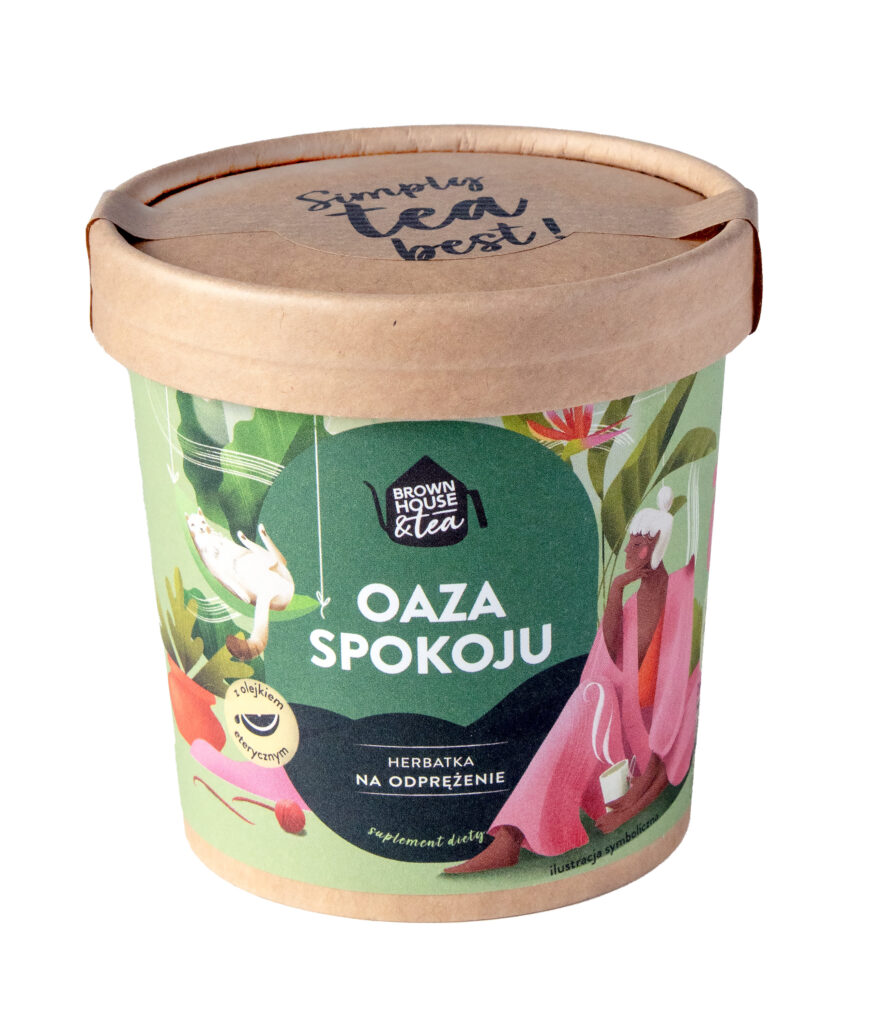 Opakowanie herbatki ziołowej Oaza Spokoju Brown House & Tea;  packshot produktowy