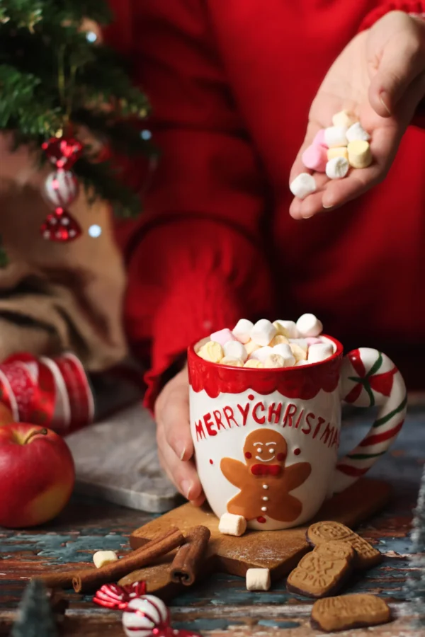 kubek gorącej czekolady z piankami, gorąca czekolada, pianki marshmallow, święta, ciastek, pierniki, zdjęcie świąteczne, fotografia kulinarna